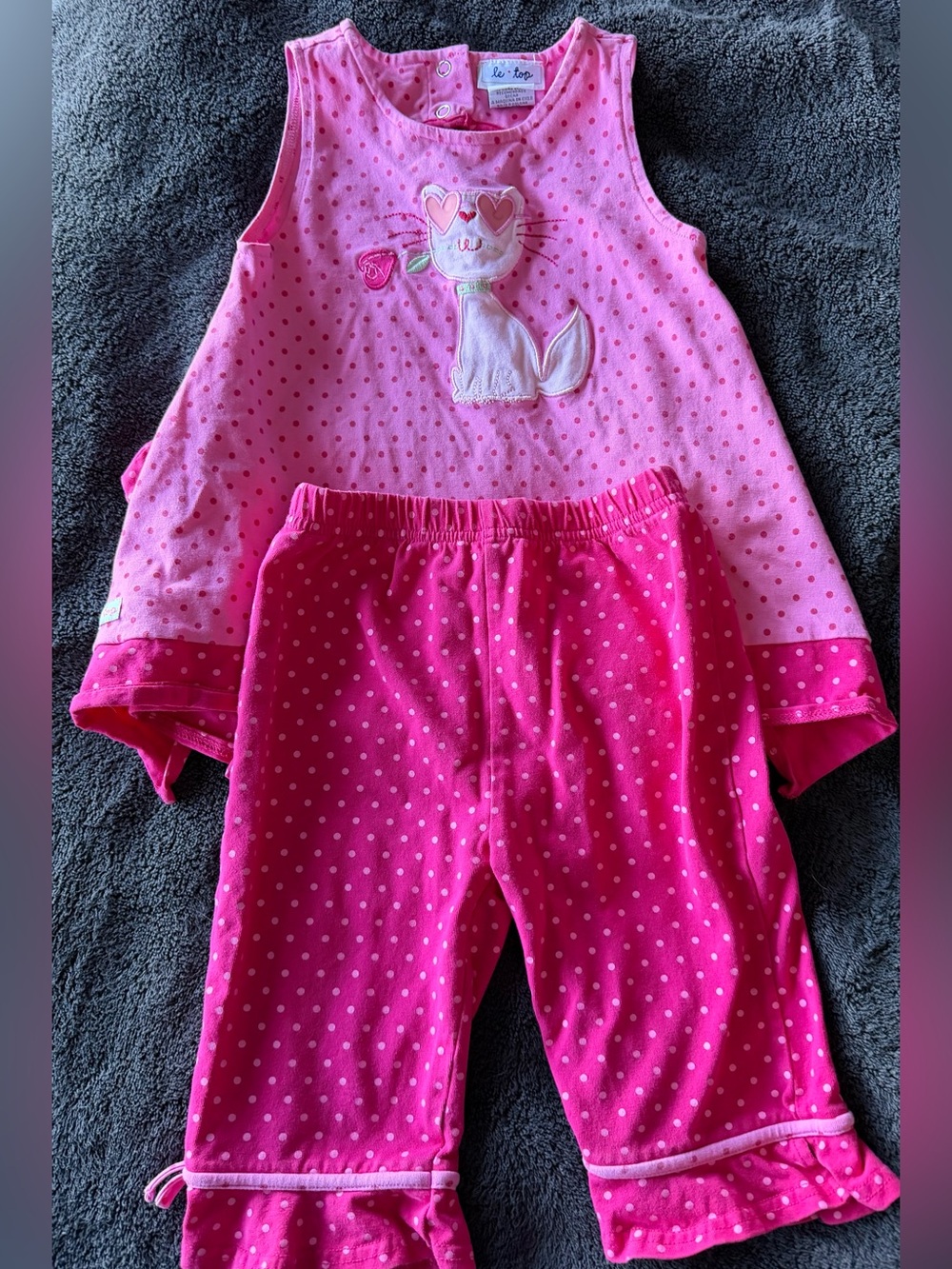 Le Top Pink Polka Dot Matching Set with Cat Applique